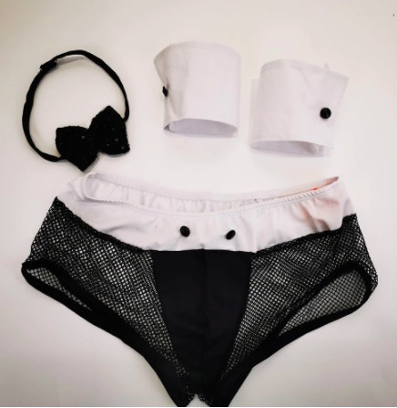 Men′s Butler Waiter Lingerie Suit Tuxedo G- String Thong Underwear with Bow Tie Collar and Bracelets